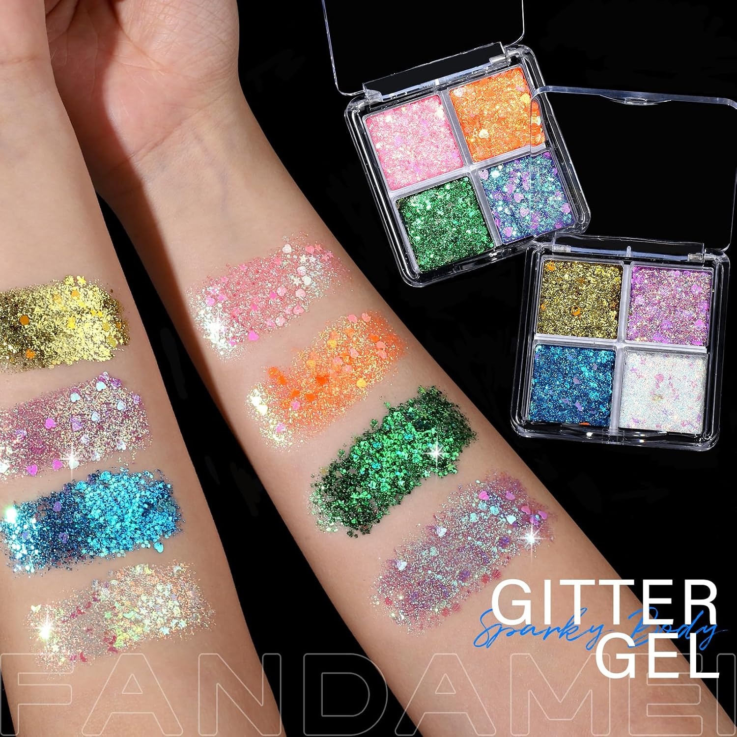 image:imageFANDAMEI Face Glitter Body Glitter for Women 2PCS 8 Colors Glitter Gel for Face Hair Glitter for Kids Fairy Rave Mermaid Makeuporangegreenvioletpinkgoldwhitepurpleblue