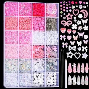 image:imageFAMDAMEI 24 Grid Flat Back Pearls and Rhinestones for Dazzling Kit Clear White Pink Pearls Flatback Resin Jelly RhinestonesFlower 3D Nail Charms and Gems for Crafting Rhinestone for Crafts