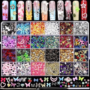 image:imageFAMDAMEI 24 Grid Nail Charms Nail Art Kit with Multi Shapes Bedazzling Gems for Nails Flatback AB Nail Rhinestones Nail Pearls Y2K Cute Nail Charms 3D Hawaii Flowers Nail Jewels for Nail Designblue mermaid starfishred pink gemcolorful butterfly