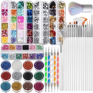 image:imageFANDAMEI Nail Art Kit Nail Art Brushes Set Nail Design Kit Dotting Tools Fine Nail Glitter Nail Decoration Butterfly Heart Glitter Sequins Foil Flakes Nail Rhinestones Dust BrushCWhite