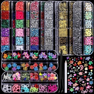 image:imageFANDAMEI Nail Charms and Gems 8 Boxes Nail Art Kit for Design MultiShape Rhinestones for Nails Flat Back Pearls Jewels 3D Fruit Flower Candy Nail Charms Gold Nail Studs JewelsPink flower petalclear bubble beadorange 3D flower