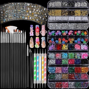 image:imageFANDAMEI Nail Charms and Nail Brushes Nail Accessories Kit with 15 Pcs Nail Art Brushes 6 Box Nail Charms and Gems 10 Pcs Flower Nail Stickers 5 Pcs Dotting Tools Nail Art Kit with Nail Brushblack