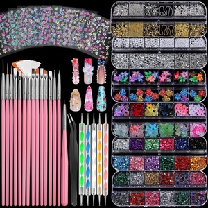 image:imageFANDAMEI Nail Charms and Nail Brushes Nail Accessories Kit with 15 Pcs Nail Art Brushes 6 Box Nail Charms and Gems 10 Pcs Flower Nail Stickers 5 Pcs Dotting Tools Nail Art Kit with Nail Brushpink