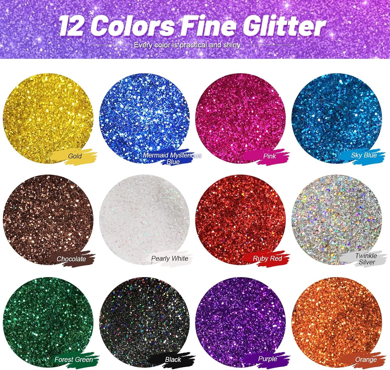 image:imageFANDAMEI 12 Pieces Fine Glitter 12 Colors 10g Glitter Shake Jar Set Extra Fine Glitter Powder for Arts Crafts Painting Decoration Body Face Makeup Nail Art Pigment