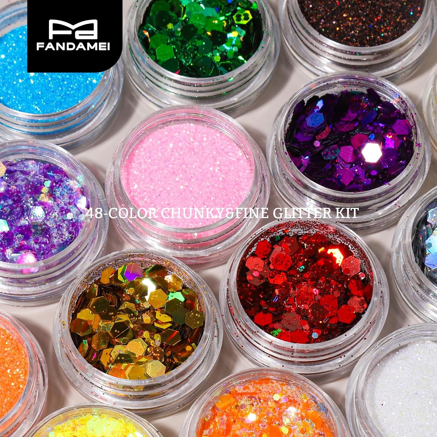 image:imageFANDAMEI 48 Colors Fine Glitter for Crafts Arts Decoration Resin Nail Glitter Body Hair Face Holographic Glitter Powder for Festival Halloween ChirstmasChunkyFine