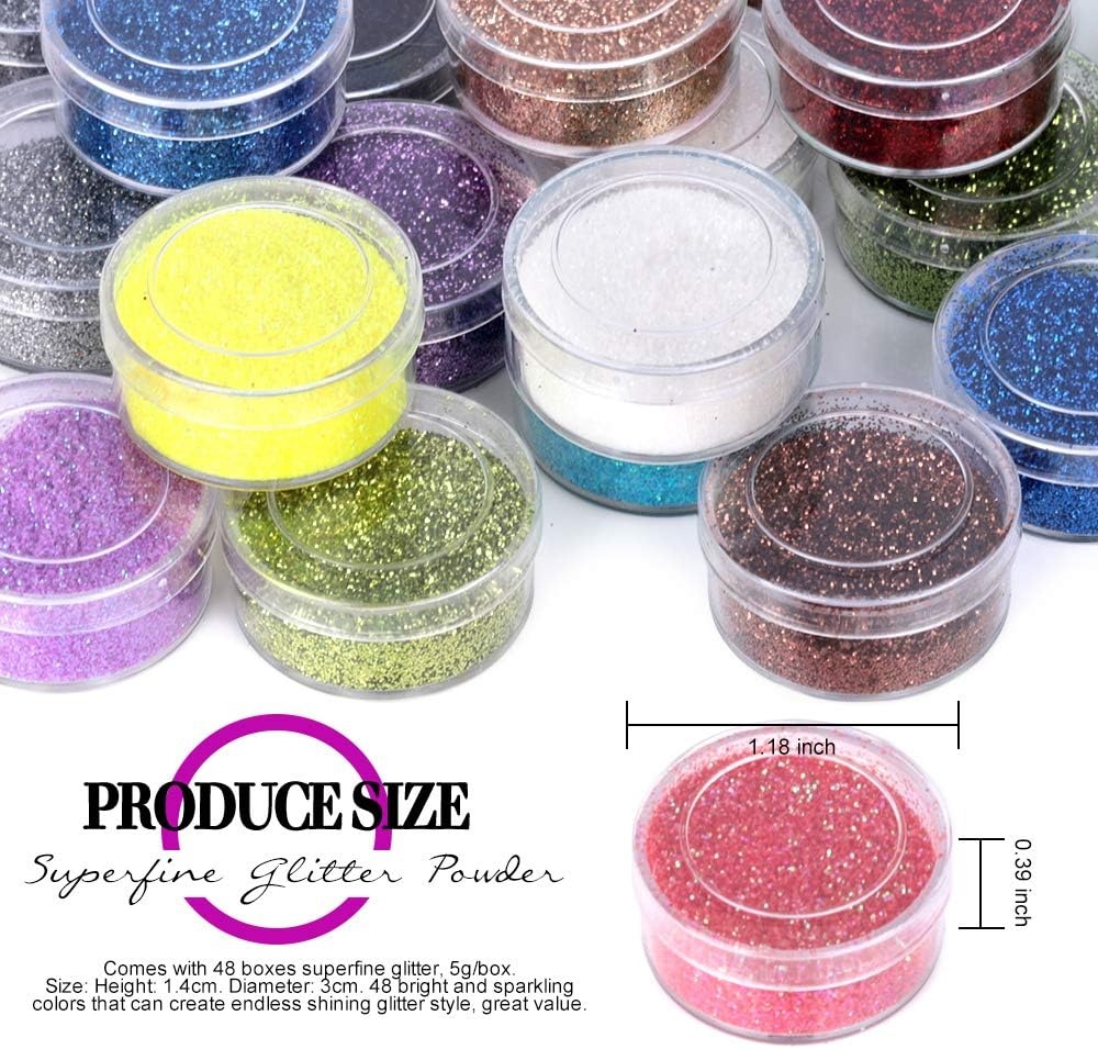image:imageFANDAMEI 48 Colors Fine Glitter for Crafts Arts Decoration Resin Nail Glitter Body Hair Face Holographic Glitter Powder for Festival Halloween ChirstmasFine