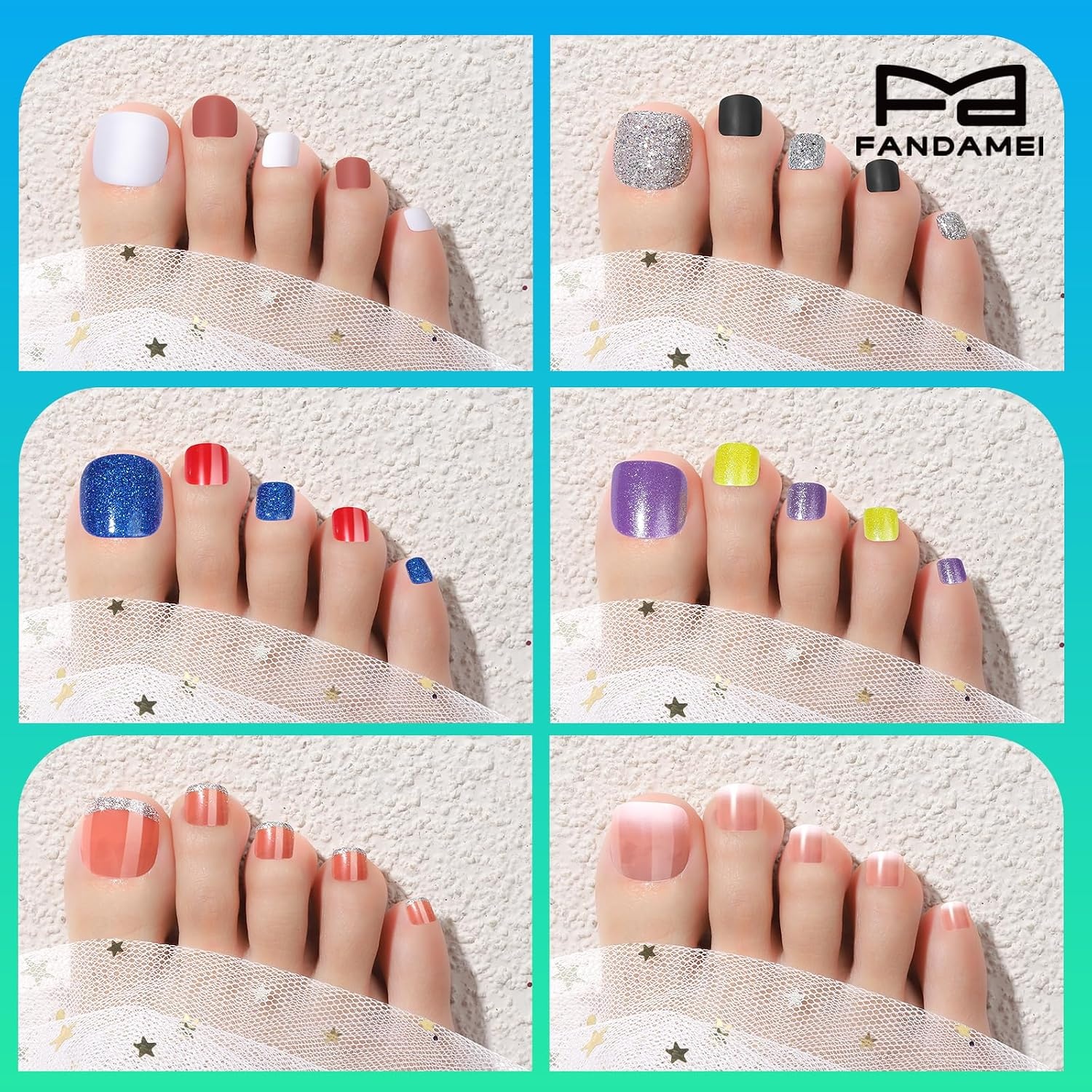 image:imageFANDAMEI Press on Toenails 24 Colors 576PCS Fake Toe Nails Short French Tip Press ons Glitter Glossy Matte for Nail Art