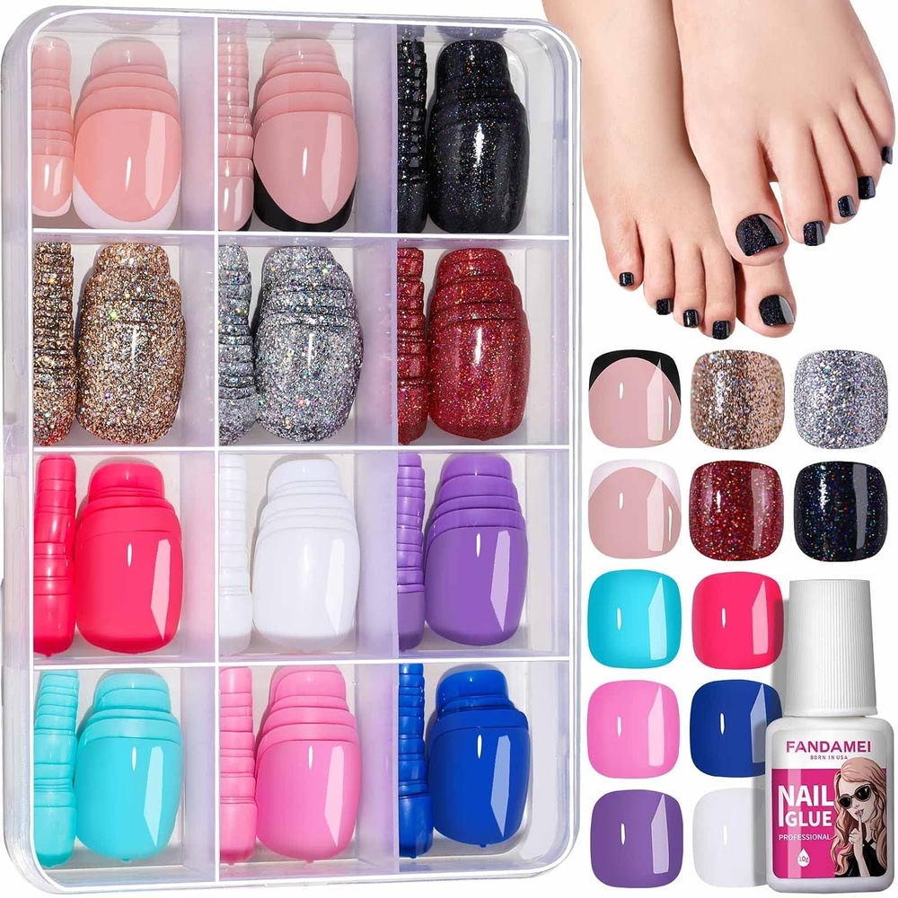 image:imageFANDAMEI Press on Toe Nails 12 Colors 288PCS Press on Toenails Short Square 4 Glitter Toenails Full Cover 6 Glossy False Nails for Feet 2 French Tip for NailFrench TipGlitterGlossy Square