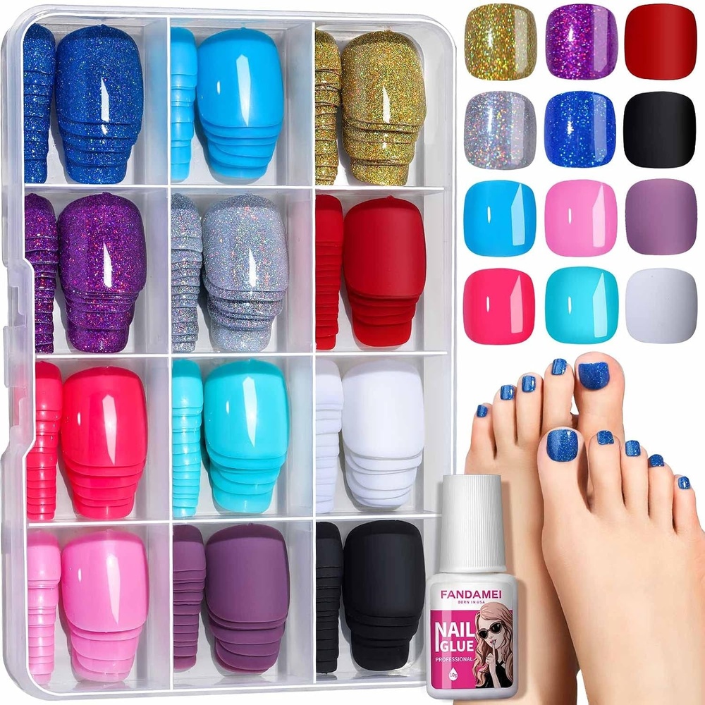 image:imageFANDAMEI Press on Toe Nails 12 Colors 288PCS Press on Toenails Short Square 4 Glitter Toenails Full Cover 6 Glossy False Nails for Feet 2 French Tip for NailMatteGlossyGlitter Square