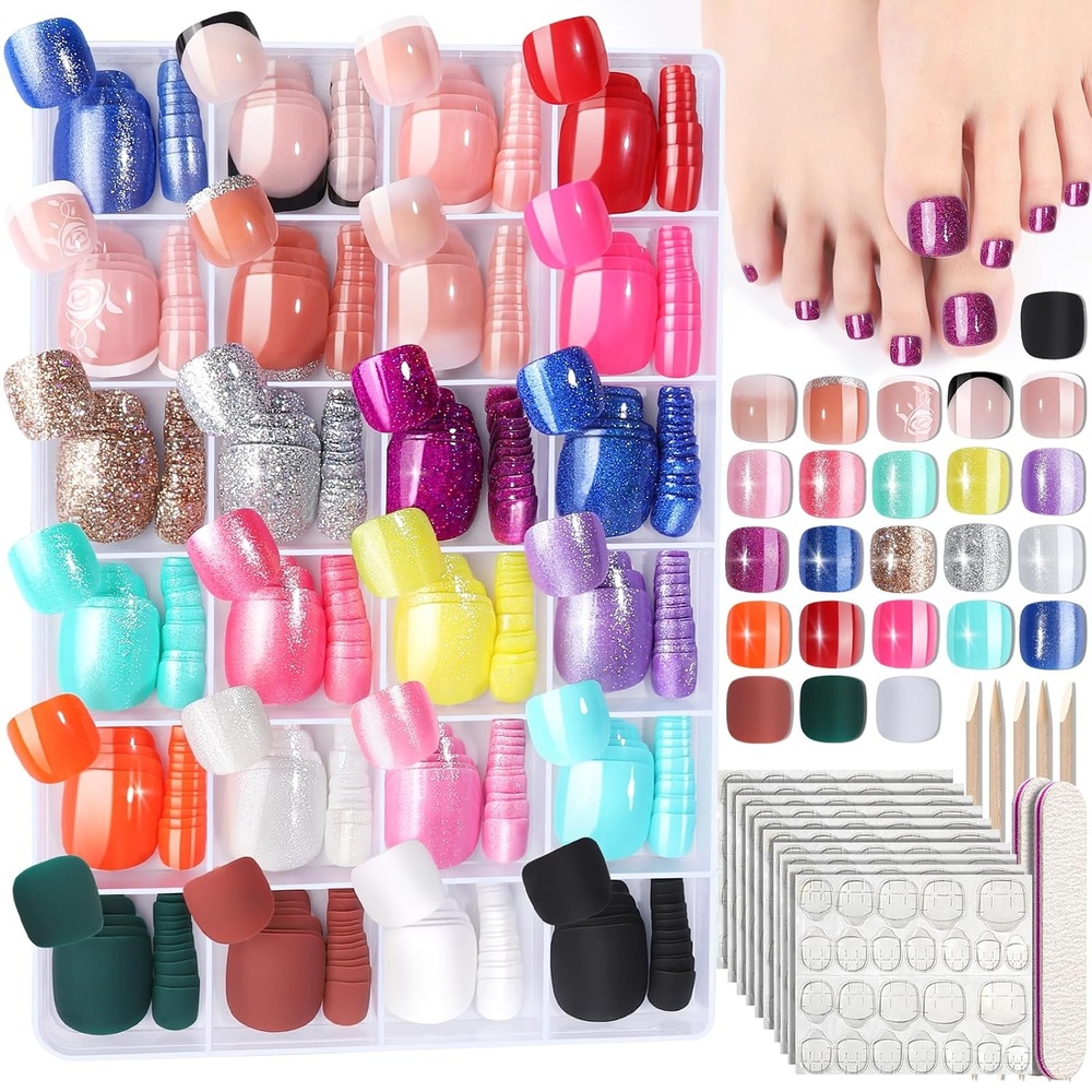 image:imageFANDAMEI Press on Toenails 24 Colors 576PCS Fake Toe Nails Short French Tip Press ons Glitter Glossy Matte for Nail Art
